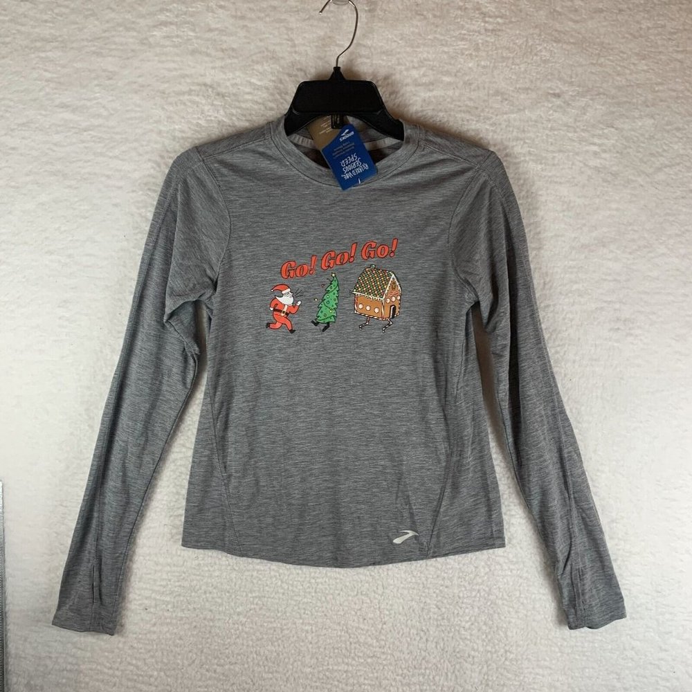 Brooks T-Shirt Womens Small Gray Run Merry Distance Graphic Santa Christmas 7273